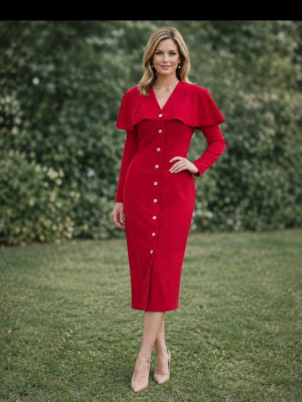 Algo | Vintage 70s Red Dress Gold Button  Cape Dress